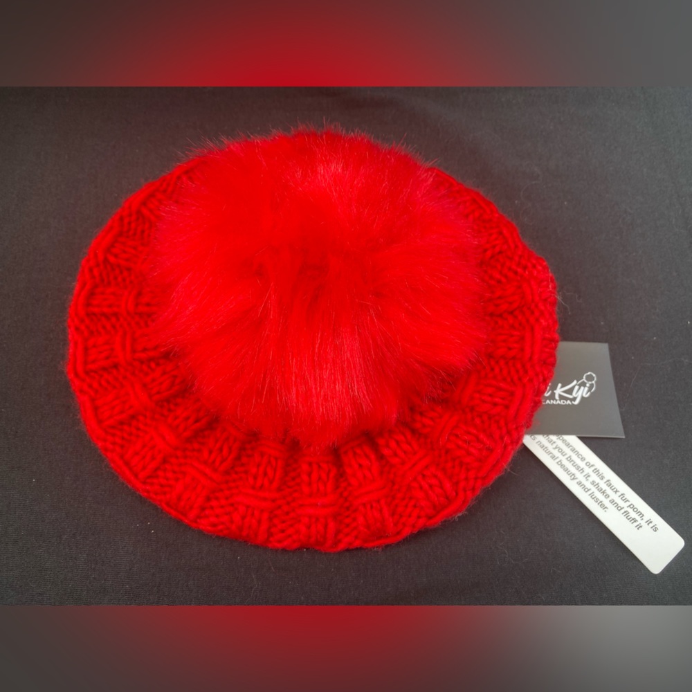 Kyi Kyi Women’s Knit Wool Blend‎ Faux Fur Pom-Pom Winter Beanie (Red)
